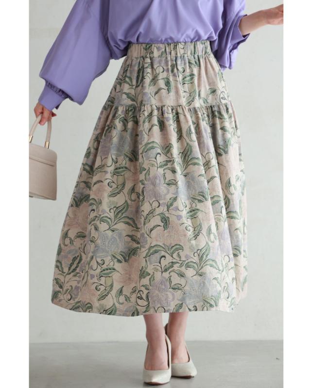 再入荷2月9日 舞うような淡色花の切り替えミディアムスカート cawaii wkj00086 S~L対応 涼しい 春 秋 夏 カーキ 柄 総柄 花 体型カバー 日常使い おでかけ ティアード エレガント エレガント 大人可愛い レディース ファッション 大人 ママ ミセス 30代 40代 50代の通販は