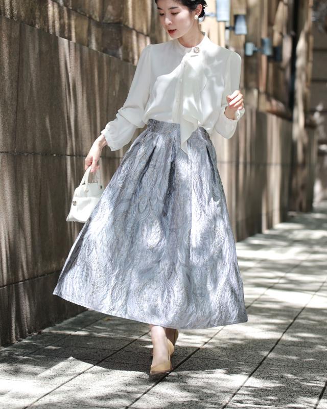 再入荷1月5日 ヴェルサイユに想いを馳せる ジャガードスカート cawaii wkj00099 後ろゴム タック フレア ふんわり グレー オシャレ 個性的 大人可愛い エレガント 上品 秋 冬 春 体型カバー レディース ファッション ミセス 30代 40代 50代 再入荷1月5日 ヴェルサイユに想いを馳せる ジャガードスカート cawaii