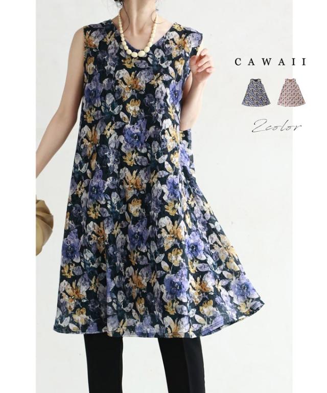 再入荷9月4日 レースに浮かび上がる花灯りミニワンピース cawaii wkj00100 S~3L対応 チュニック丈 Aライン 水彩画風 Vネック 春 夏 秋 レイヤード ブラック ブラウン 体型カバー 総柄 花 エレガント 大人可愛い レディース ファッション 大人 ママ ミセス 30代 40代
