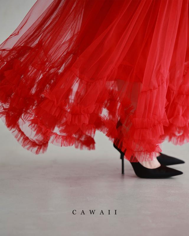 再入荷1月20日 情熱的に舞うたっぷりフリルのチュールロングスカート ロングスカート フリル レディース ファッション 秋服 冬服 着回し チュール cawaii wkj00111 S~3L対応 レッド 日常使い パーティー 女子会 キレイめ ミセス 30代 40代 50代