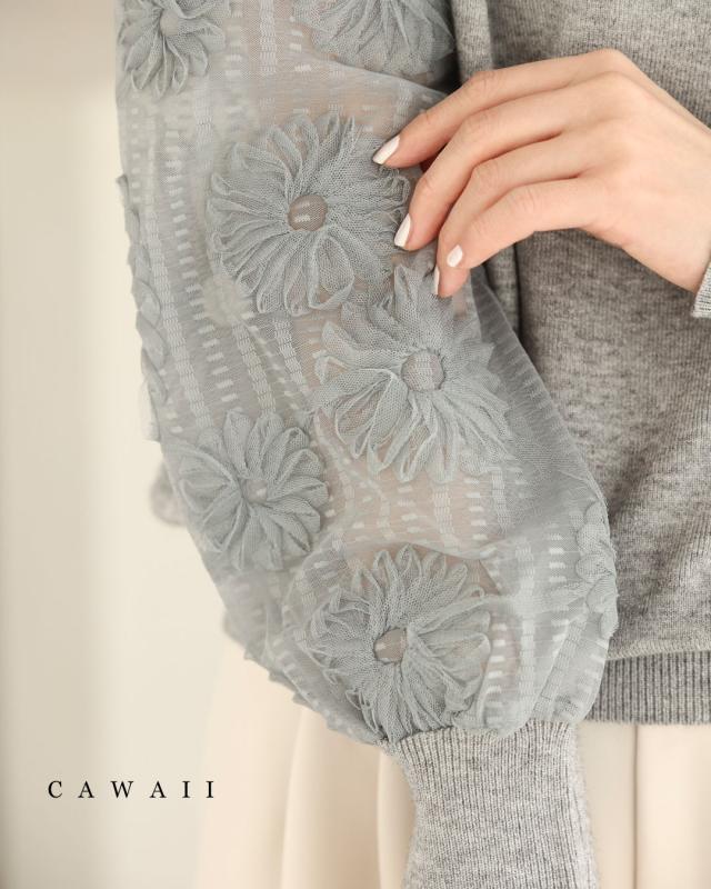 新作1月27日 チュールの花咲くシアーベール袖プルオーバートップス cawaii wkj00177 S~2L対応 繊細 透け袖 クルーネック グレー オシャレ 個性的 大人可愛い エレガント 上品 秋服 秋物 冬服 冬物 春服 春物 伸縮性 薄手 レディース ファッション ミセス 30代 40代 50代の通販は
