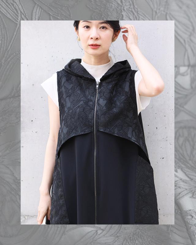 再入荷5月14日 （黒）上品とカッコいいの異素材合わせ。モードなジップアップロングベスト cawaii wkj00228 S~2L対応 羽織り 変形 フード付き ブラック オシャレ 個性的 大人可愛い エレガント 上品 春 夏 着回し 体型カバー レディース ファッション ミセス 30代 40代 50代