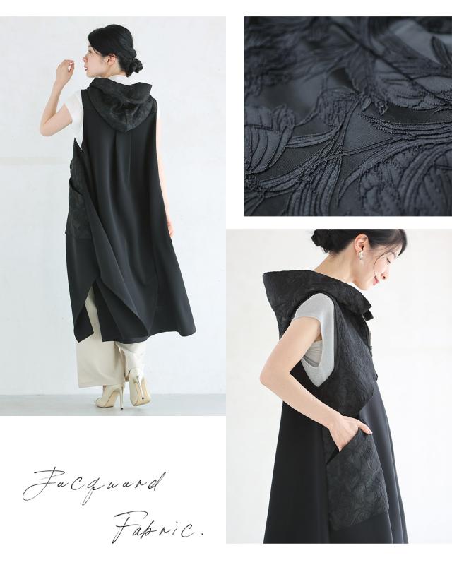 再入荷5月14日 （黒）上品とカッコいいの異素材合わせ。モードなジップアップロングベスト cawaii wkj00228 S~2L対応 羽織り 変形 フード付き ブラック オシャレ 個性的 大人可愛い エレガント 上品 春 夏 着回し 体型カバー レディース ファッション ミセス 30代 40代 50代