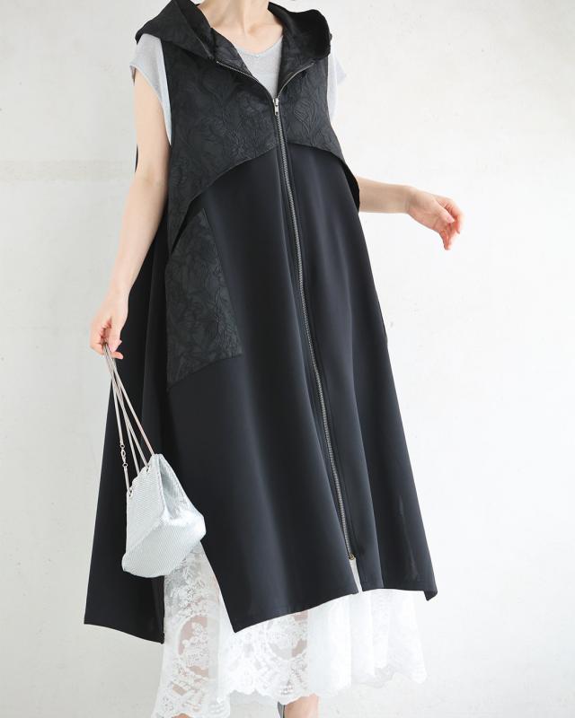 再入荷5月14日 （黒）上品とカッコいいの異素材合わせ。モードなジップアップロングベスト cawaii wkj00228 S~2L対応 羽織り 変形 フード付き ブラック オシャレ 個性的 大人可愛い エレガント 上品 春 夏 着回し 体型カバー レディース ファッション ミセス 30代 40代 50代