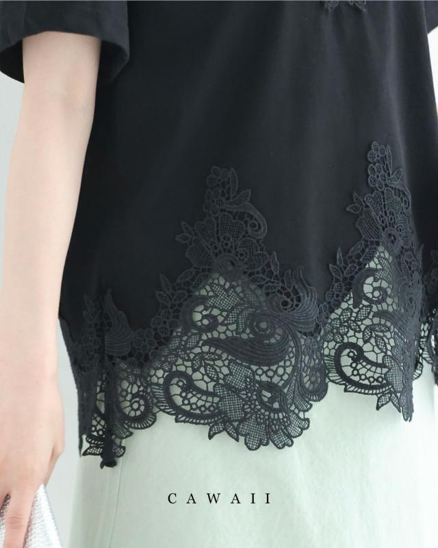 新作8月8日 （黒）デコレーションレースのエレガントTシャツトップス トップス Tシャツ レディース ファッション 春服 夏服 着回し レース cawaii wkj00249 S~L対応 ブラック 日常使い キレイめ シンプル ミセス 30代 40代 50代