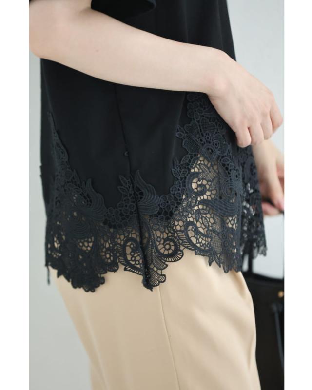 新作8月8日 （黒）デコレーションレースのエレガントTシャツトップス