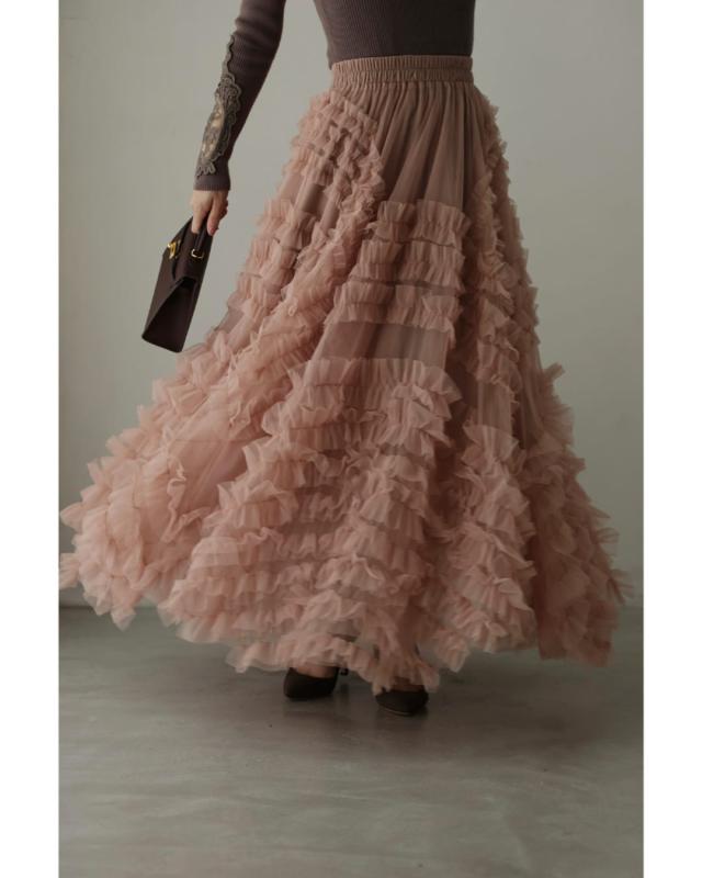 再入荷11月18日 流れるフリルのボリューミーチュールロングスカート
