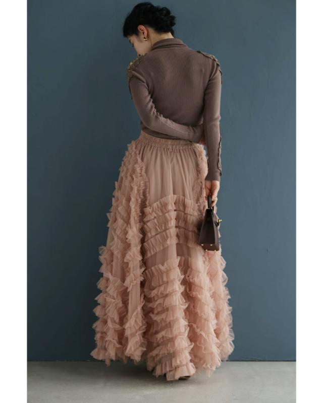 再入荷11月18日 流れるフリルのボリューミーチュールロングスカート