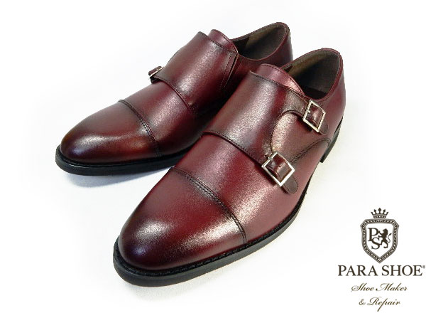 PARASHOE 本革 ダブルモンクストラップ ビジネスシューズ ワイン ワイズ 3E（EEE）22cm（22.0cm）、22.5cm、23cm（23.0cm）、23.5cm、24cm（24.0cm） 【小さいサイズ（スモールサイズ）革靴・紳士靴】