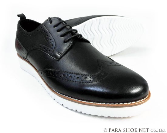 PARASHOE 本革 ウィングチップ ビジネスカジュアルシューズ 厚底白ソール ワイズ3E（EEE）黒 22cm〜32cm【メンズ革靴・紳士靴・大きいサ