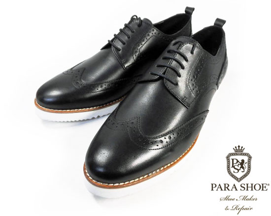 PARASHOE 本革 ウィングチップ ビジネスカジュアルシューズ 厚底白ソール ワイズ3E（EEE）黒 22cm〜32cm【メンズ革靴・紳士靴・大きいサイズ、小さいサイズあり】（PS-1810-BLK）_1