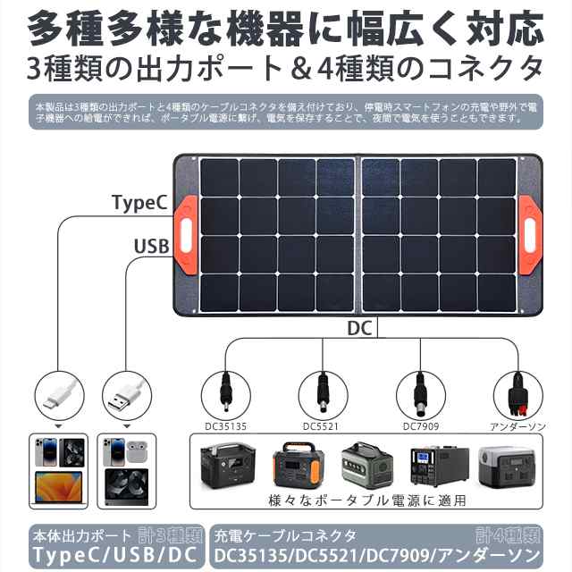 ソーラーパネル 100W ソーラーチャージャー 発電機 TypeC出力/DC出力/USB出力 折りたたみ式 高変換効率 超薄型 発電機 防災  アウトドアの通販はau PAY マーケット 光商事 au PAY マーケット－通販サイト