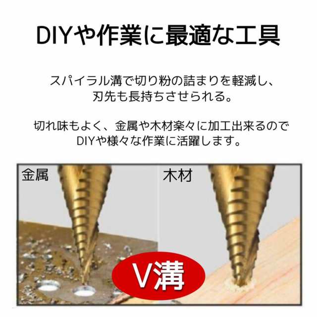 ステップドリル 穴あけ セット 工具 チタンコーティング DIY 六角軸