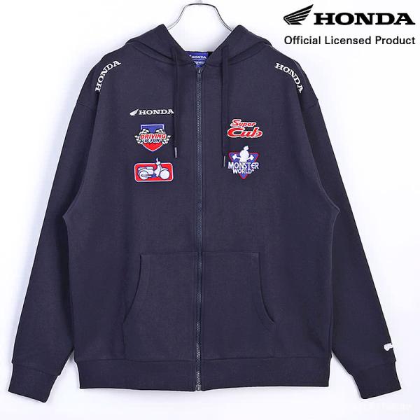 HONDA×MONSTER WORLD ZIPパーカー B ネイビー サイドポケット フード付 スーパーカブ刺繍 長袖 スウェット生地 メンズ レディース ホンダ コラボ 51882802_1