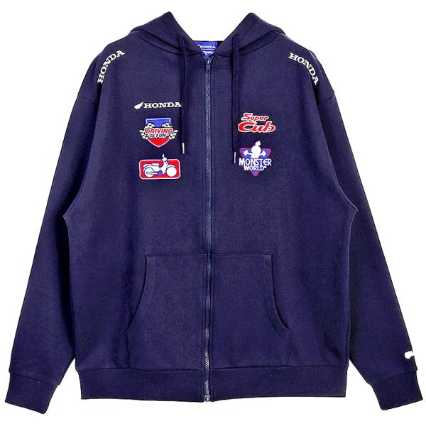 HONDA×MONSTER WORLD ZIPパーカー B ネイビー サイドポケット フード付 スーパーカブ刺繍 長袖 スウェット生地 メンズ レディース ホンダ コラボ 51882802_9
