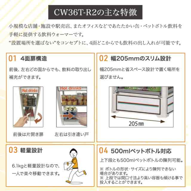 ついに再販開始 日本ヒーター 小型卓上飲料ウォーマー CW36T-R2 4面扉構造 500mlペットボトル対応 単相100V電源