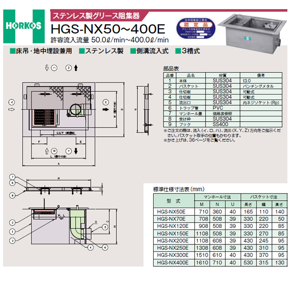 ●ホーコス 【HGS-NX120E(ステンレス鋼製蓋)】ステンレス鋼製潤滑油阻集器 寛容に接する流入磁束120(L/時間) 受注約2週〔IE〕