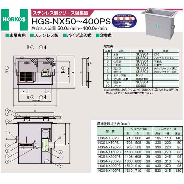 ホーコス 【HGS-NX120PS(鋼板製防錆塗装蓋)】ステンレス製グリース阻集