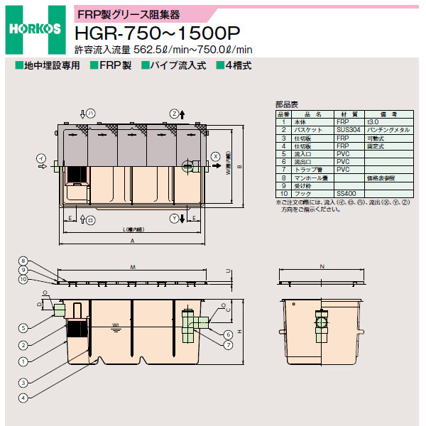●ホーコス 【HGR-750P(鋼板製防錆塗装蓋)】FRP製グリース阻集器 許容流入流量562.5(L/min) 受注約2週〔IE〕