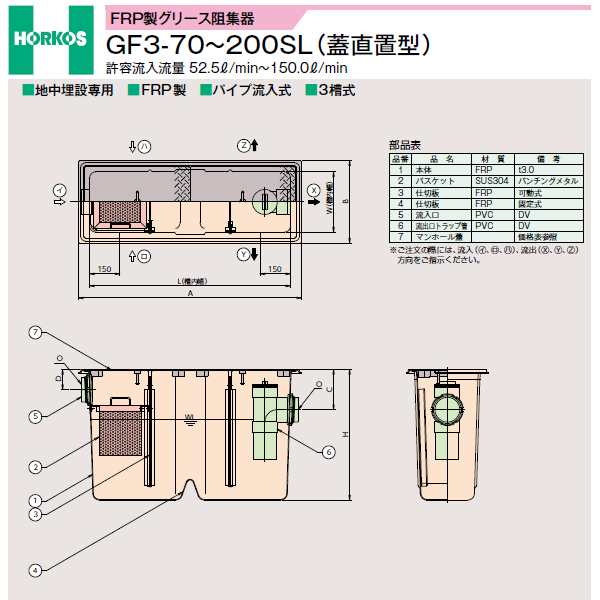 ###ホーコス 【GF3-70SL(鋼板製防錆塗装蓋)】FRP製グリース阻集器 蓋直置型 許容流入流量52.5(L/min) 受注約2週〔HH〕