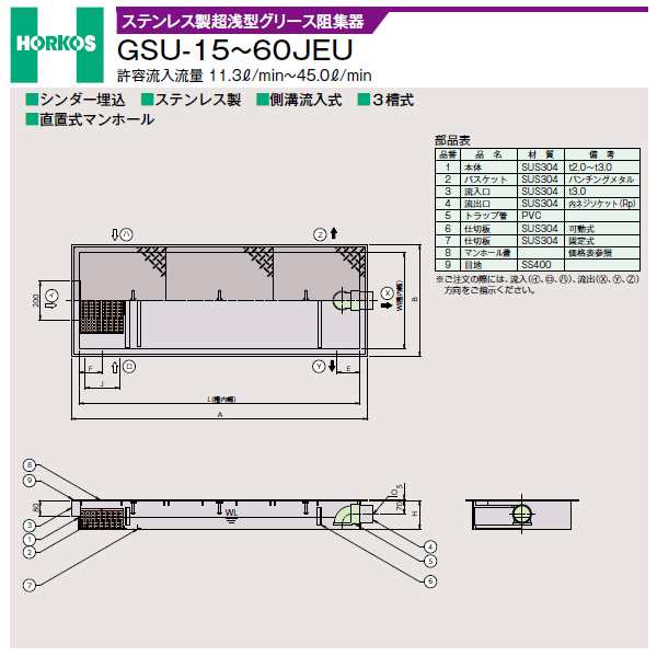 ホーコス 【GSU-25JEU(ステンレス製蓋)】ステンレス製超浅型グリース阻集器 許容流入流量18.8(L/min) 受注約2週〔HH〕の通販はau  PAY マーケット - 家電と住設のイークローバー | au PAY マーケット－通販サイト