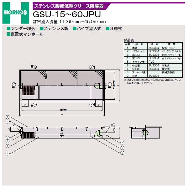●ホーコス 【GSU-60JPU(ステンレス製蓋)】ステンレス製超浅型グリース阻集器 許容流入流量45(L/min) 受注約2週〔IE〕