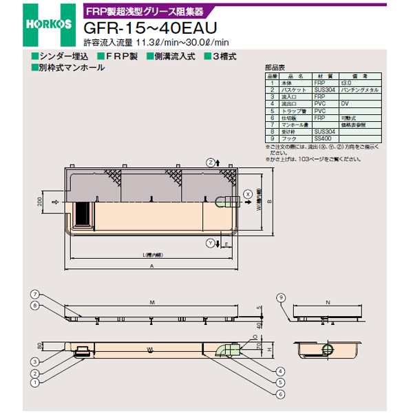 ###ホーコス 【GFR-15EAU(鋼板製防錆塗装蓋)】FRP製超浅型グリース阻集器 許容流入流量11.3(L/min) 受注約2週〔HH〕