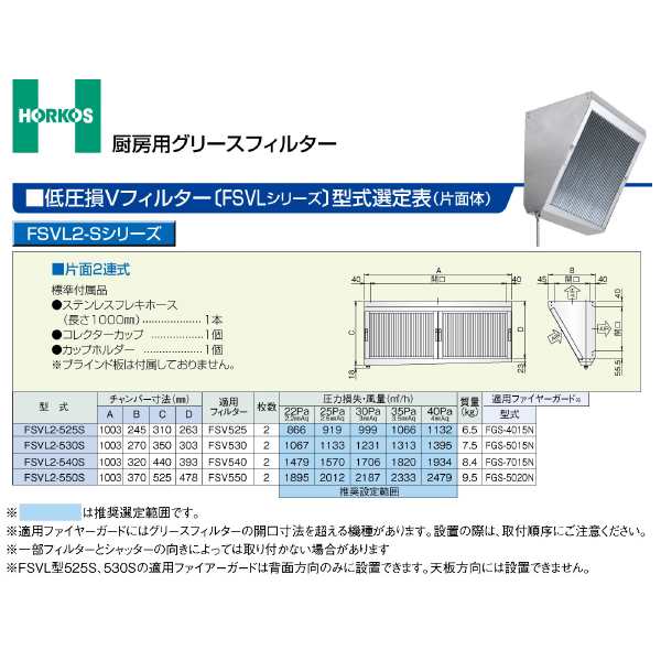 ###ホーコス 【FSVL2-540S】厨房用グリースフィルター 低圧損Vフィルター FSVL2-Sシリーズ 片面2連式〔GH〕