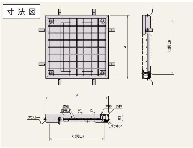 ●ホーコス 【TS-4GM-650(T-2)】ステンレス製フロアハッチ 防水・防臭(2段パッキン式) T-2耐荷重 モルタル用〔HH〕