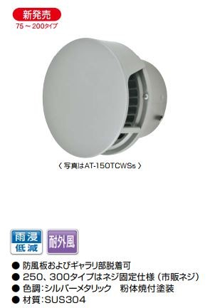 MELAT/メルコエアテック 換気部材【AT-200TCWS5】外壁用(ステンレス製) 丸形防風板付ベントキャップ(覆い付) φ200 横ギャラリ・網〔HF〕