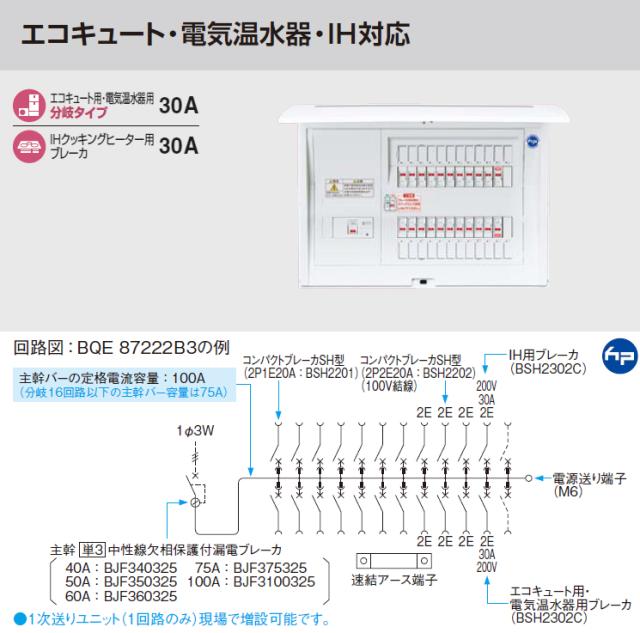 パナソニック「BQE86302B3」エコキュート・電気温水器・IH対応 リミッタースペースなしドア付 30+2 60A 漏電ブレーカー付 単相3線 露出・半埋込両用形 パナソニック BQE86302B3 住宅分電盤 エコキュート・電気温水器・IH