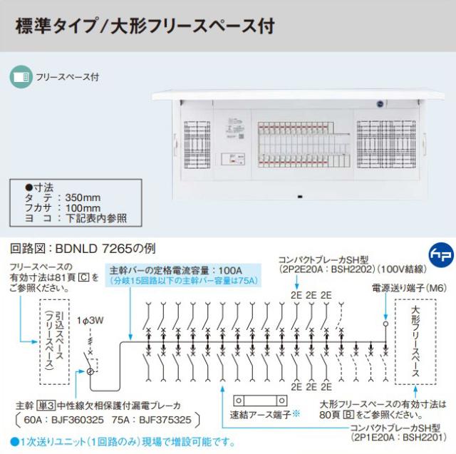 パナソニック 分電盤【BDNLD7225】フレキシード スタンダード 引込スペース付 標準タイプ/大形フリースペース付 主幹75A 回路数22+5 受注約1週〔FE〕_1