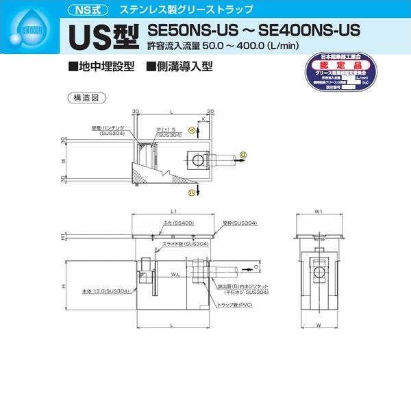 ●下田エコテック 【SE300NS-US(鋼板製錆止め塗装蓋付)】ステンレス製グリーストラップ NS式 US型 許容流入流量300(L/min)  受注約2週〔IF〕