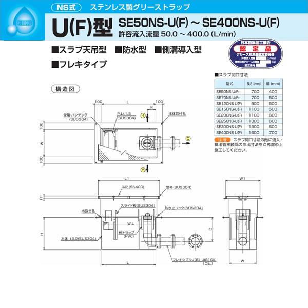 ●下田エコテック 【SE300NS-U(F)(FRP蓋付)】ステンレス製グリーストラップ NS式 U(F)型 許容流入流量300(L/min)  受注約2週〔IF〕