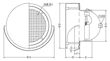 西邦工業【SNUD200MS】金網型3メッシュ・薄型フード・水切り付・防火ダンパー付外壁用ステンレス製換気口・薄型フラットフード〔HF〕