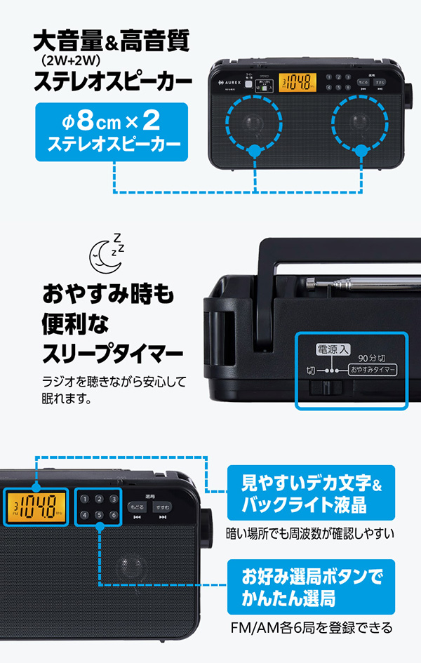 ω東芝 オーディオ【AX-SHR70(K)】ブラック LEDライト付きホームラジオ AM/FM 高音質 AUREX(オーレックス)