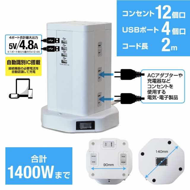 延長コード 5m タワー式 電源タップ 雷ガード12個口USB充電ポート４口PC周辺機器