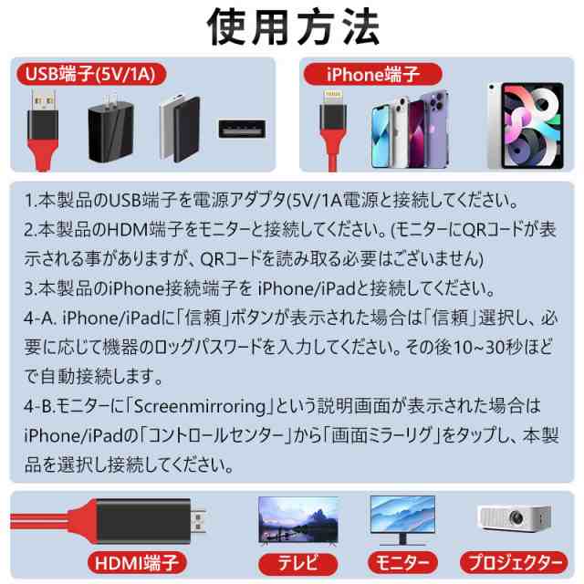 iPhone HDMI 変換ケーブル 変換アダプター テレビ 接続 ミラーリング iPad hdmi 変換ケーブル テレビ 接続 HDMIケーブルなし