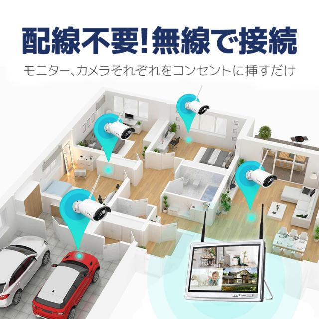 ワイヤレス防犯システム 12インチモニター付きワイヤレスNVR＋ワイヤレスカメラ2台 ワイヤレス防犯カメラセット 屋内・屋外両用 WF6112_1