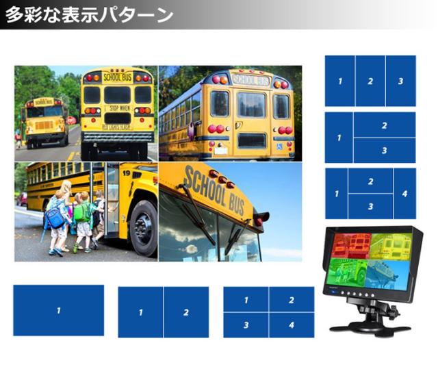 4分割表示車載7インチモニター+小型バックカメラセット  ガイドライン切替 正像/鏡像切替 粘着式  MN74BK1100SET4