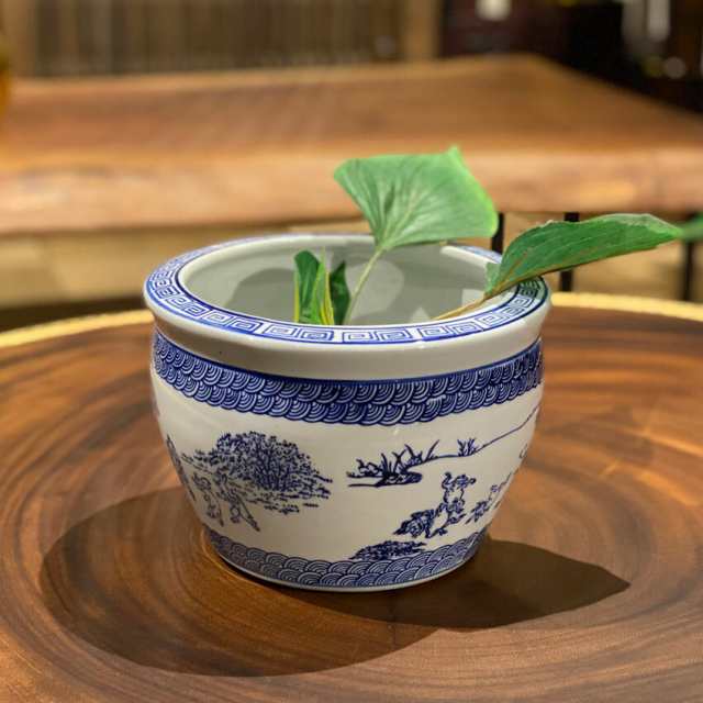 睡蓮鉢 金魚鉢 水盆 陶器 藍花 - ペット用品