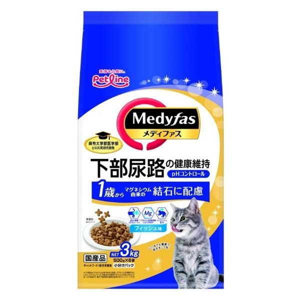 【4個セット】 ペットライン メディファス 猫用 1歳〜 フィッシュ味 国産 3kg（500g×6袋）