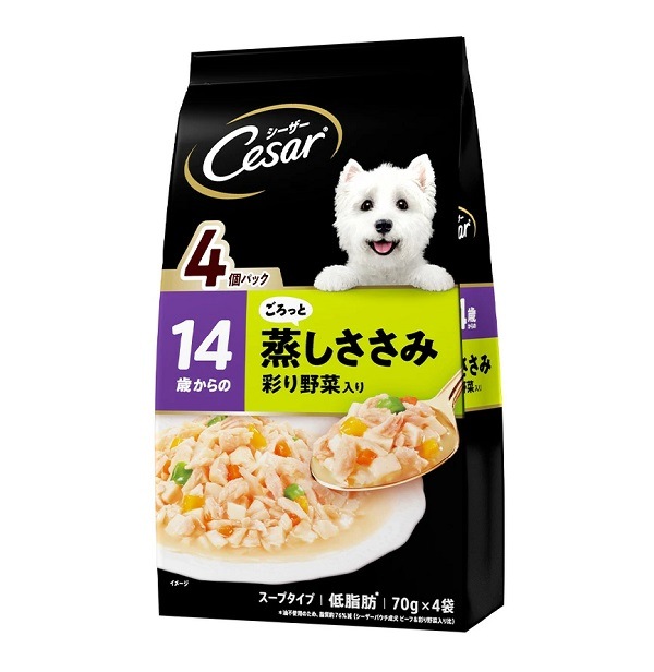 【36個セット】 マースジャパンリミテッド  シーザー14歳からのごろっと蒸しささみ彩り野菜入り70g×4袋