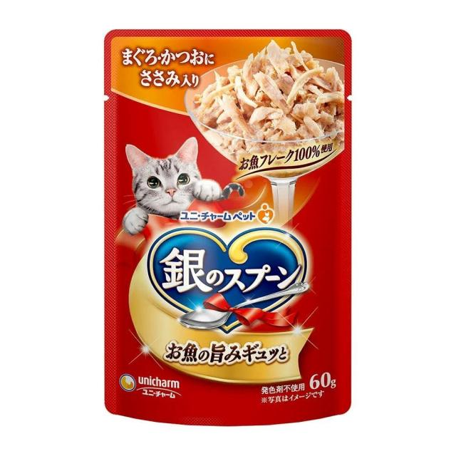 【160個セット】ユニ・チャーム 銀のスプーンパウチまぐろ･かつおにささみ入り60g