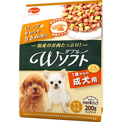 【18個セット】日本ペットフード ビタワン君のWソフト成犬用お肉を味わうビーフ味粒・やわらかささみ入り200g