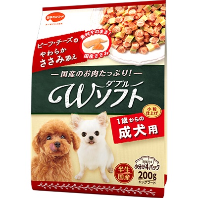 【18個セット】日本ペットフード ビタワン君のWソフト成犬用ビーフ・チーズ味・やわらかささみ添え200g 7,273円