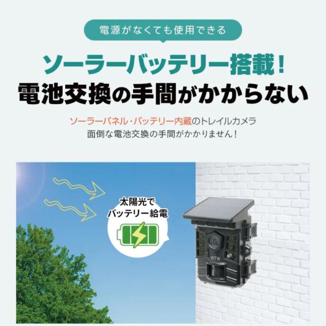 防犯カメラ トレイルカメラ ソーラー 200万画素 屋外 防水 SDカード録画 監視カメラ ソーラーパネル WTW-TCS36AP microSDカード付