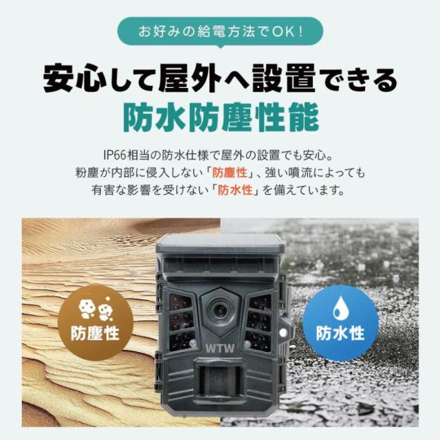 防犯カメラ トレイルカメラ ソーラー 200万画素 屋外 防水 SDカード録画 監視カメラ ソーラーパネル WTW-TCS36AP microSDカード付