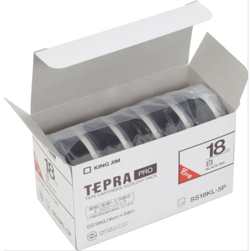 5個パック キングジム テプラPROテープカートリッジ エコパックロングタイプ 白ラベル 18mm幅 黒文字 SS18KL-5P