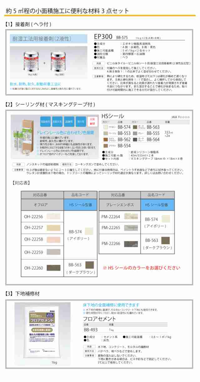 プレーンエンボス オフロア専用 施工材料パック サンゲツ 浴室シート(EP300 1kg×2缶 BB-575、HSシール、フロアセメント1kg  BB-493)｜au PAY マーケット